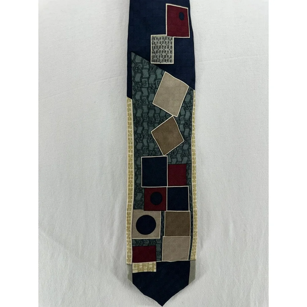 Robert Stock Mens Silk Tie Vintage Geometric Patchwork Abstract‎ Navy Burgundy